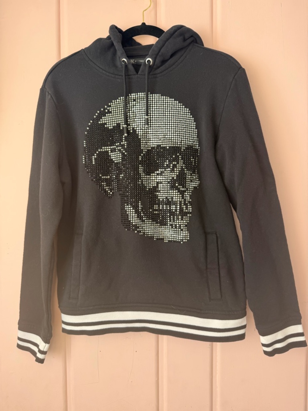 INC Black Hoodie with Studded Skull Graphic Size small